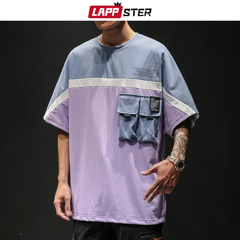 

LAPPSTER Men Japanese Streetwear Tshirt 2019 Color Blcok Harajuku Pockets Korean T Shirts Hip Hop Oversized T Shirt Plus Size