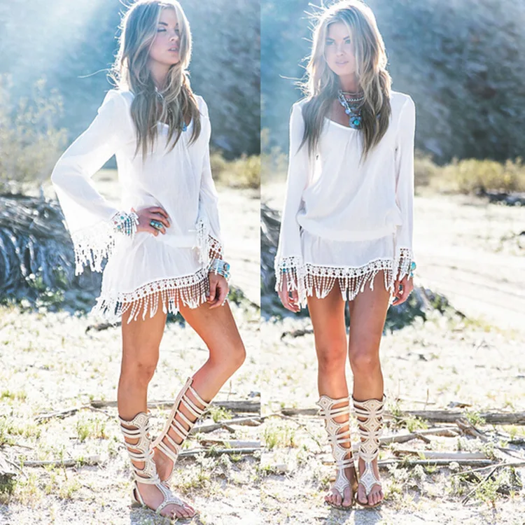 

New Summer Swimsuit Beach Bikini Cover Up Long Sleeve Women Tops Swimwear Beach Dress White Beach Tunic Dress With Tassel