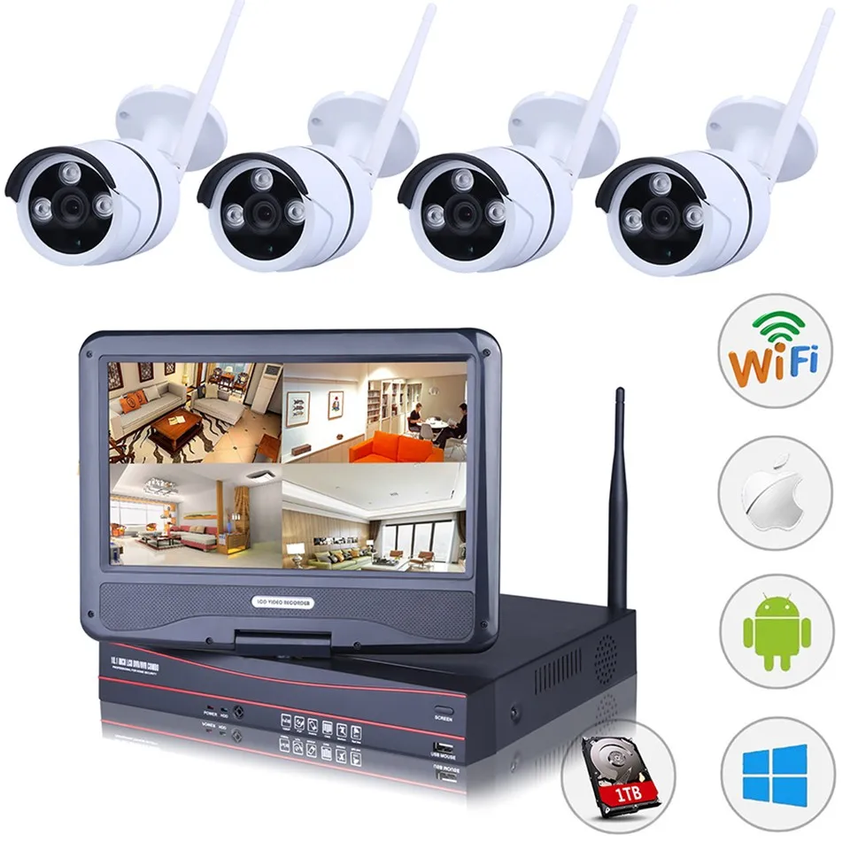 

INQMEGA 4CH NVR/DVR WIFI CCTV System 4PCS 720P/960P HD Outdoor Camera with 10 inch LCD Monitor P2P Security Camera Kit 1TB HDD