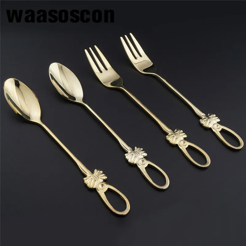 Stainless Steel Gold Dinnerware Spoon Fork Tableware Gold Cutleries Dessert Fruit Western Food Set Kitchen Tools