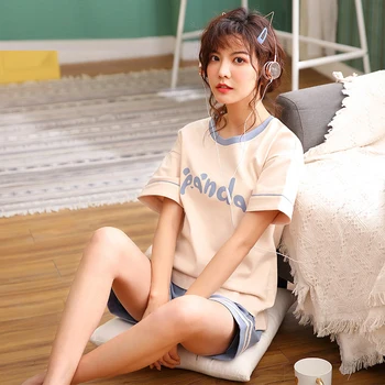 

Yidanna Female Cotton Pajamas Set Short Sleeved Summer Nighty Women Sleep Clothing Casual Fashion Sleepwear O Neck Nightwear