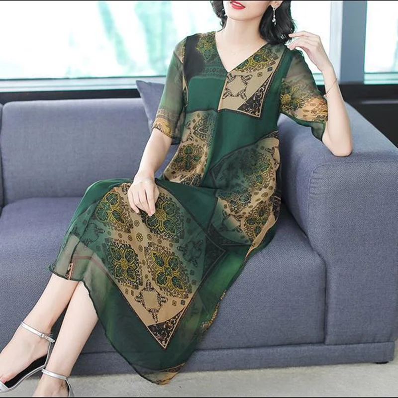

Chiffon dress 2019 summer new retro loose printed short-sleeved dress large size M-3XL high quality elegant casual vestidos