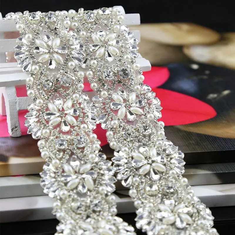 

11'' Pearl Crystal Rhinestone Bridal Applique Trim for Wedding dresses Sash Belt