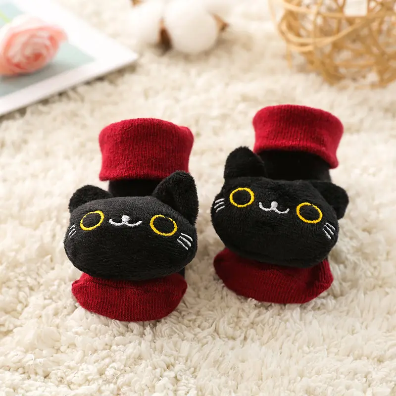 Baby socks rubber anti slip floor cartoon kids Toddlers autumn spring Fashion Animal newborn Cute 0-6-12month - Цвет: black cat with bell