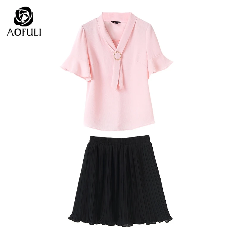 size-S Brand Summer Ladies Skirt Suit Womens Set Short Sleeve Blouse Twinset Pleated Outfit B5336 | Женская одежда