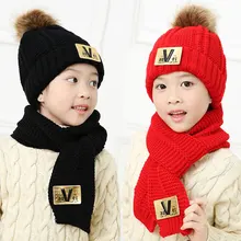 Комплект зимней шапки и шарфа для девочек, наборы шарфов для мальчиков, Толстые ребристые меховые шапки с помпонами, теплый комплект из 2 предметов M5263
