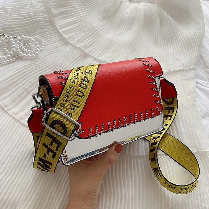 

Bags for women brand printing stripe pu color matching small square bag female 2019 winter new fashion casual hardware wide bag