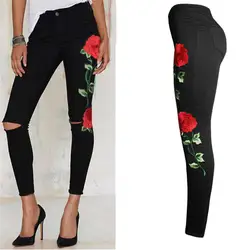 Для женщин пикантные летние Fasihon Новый Осень повседневное ежедневно цветочной вышивкой джинсовые рваные брюки для девочек стрейч