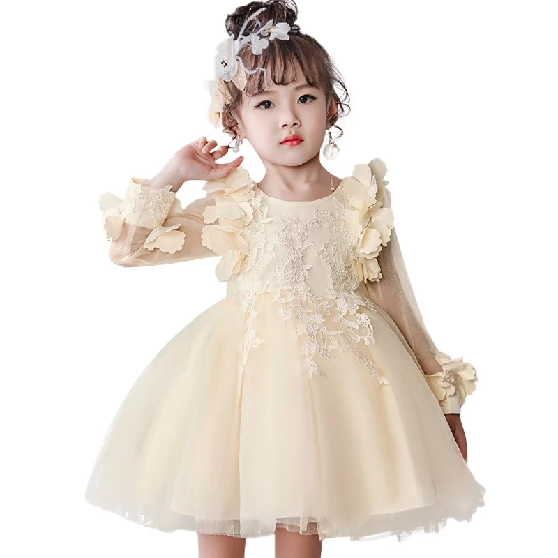 

Hot girl dresses long sleeve princess party dress flower mesh first communion dresses for kids children clothing baby costume