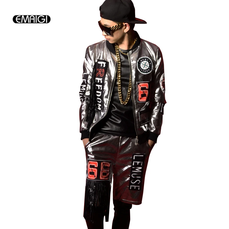 

Custom Costumes Men Silver PU Tassel Stitching Rock Stage Show Clothing Male Fashion Hiphop Leather Jacket + Shorts