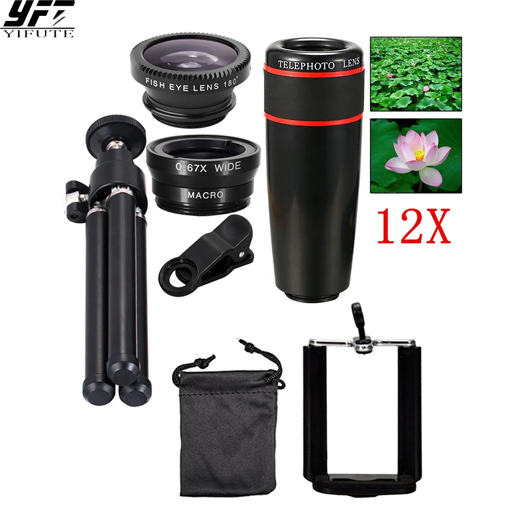 

5in1 12X Zoom Camera Telephoto Lens Phone Telescope 3in1 Clip on Lens Kit Wide Angle Fish Eye Macro for iPhone Samsung xiaomi