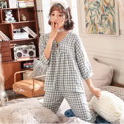 Tinyear три четверти рукав хлопок пижамы с v-образным вырезом костюм для женщин летние для отдыха пижамные комплекты пижамы L-2XL