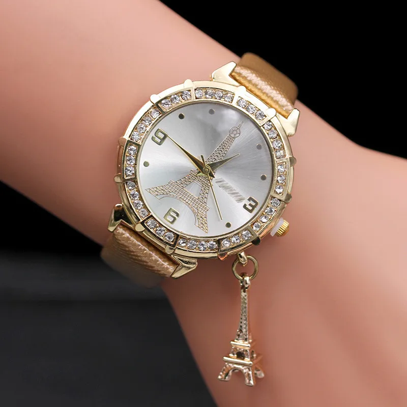 

Luxury Watches Women Famous Brand Leather Belt Eiffel Tower Rhinestone Dial Ladies Watch Casual Dress Quartz WristWatch Reloj #W