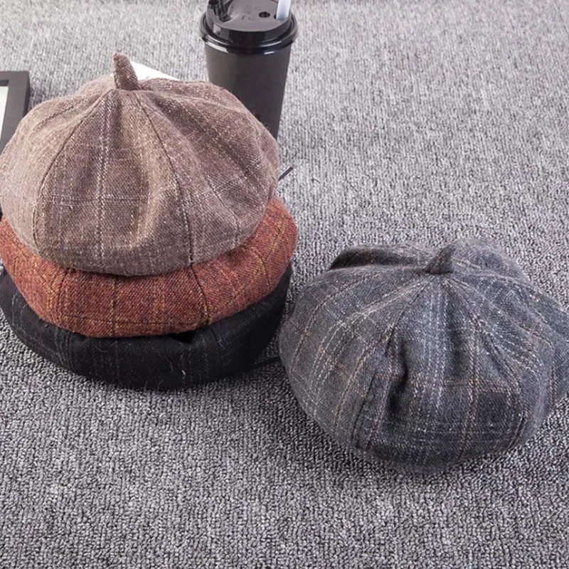 Модная теплая Классическая восьмиугольная кепка унисекс в винтажном стиле, кепка газетный берет, осенне-зимние шапки, одноцветная Повседневная Красивая Кепка в клетку