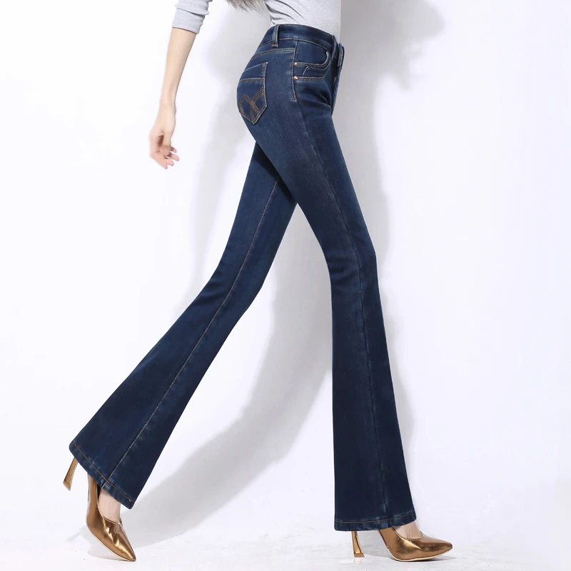 2018 Элегантные Осенние Slim Fit Высокая талия женские джинсы клёш стрейч большого