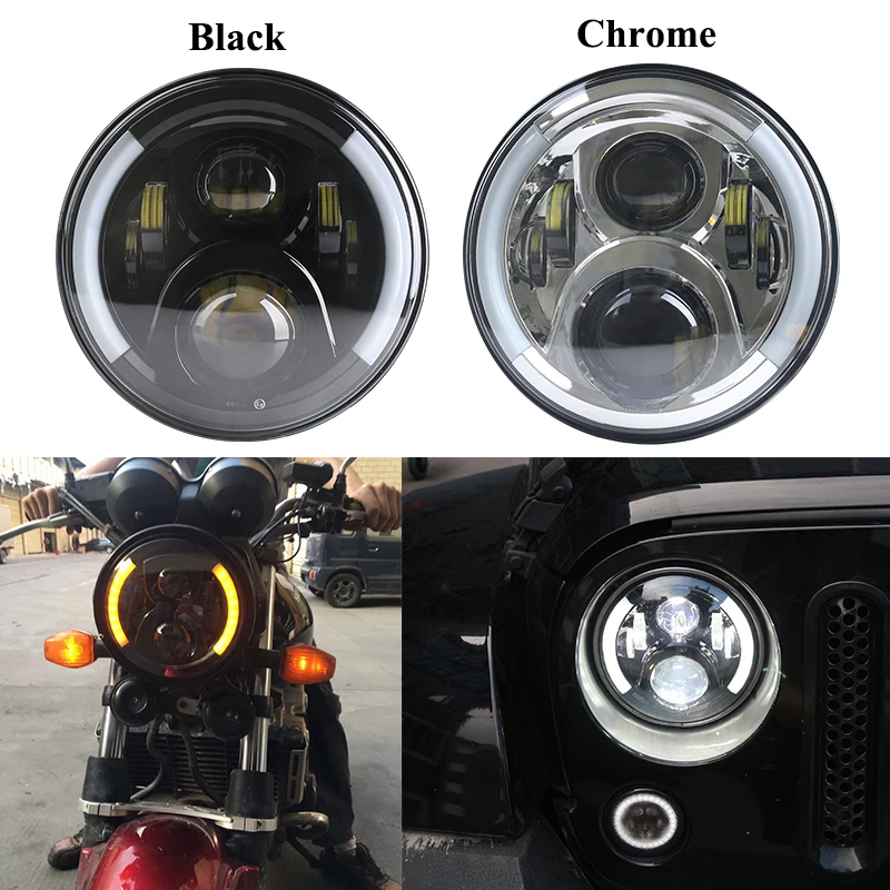 

1Pc 7 Inch Projector LED Headlight H4 Hi/Lo Beam with White/Amber Angel Eyes on Both Sides for Motorcycle Softail Heritage