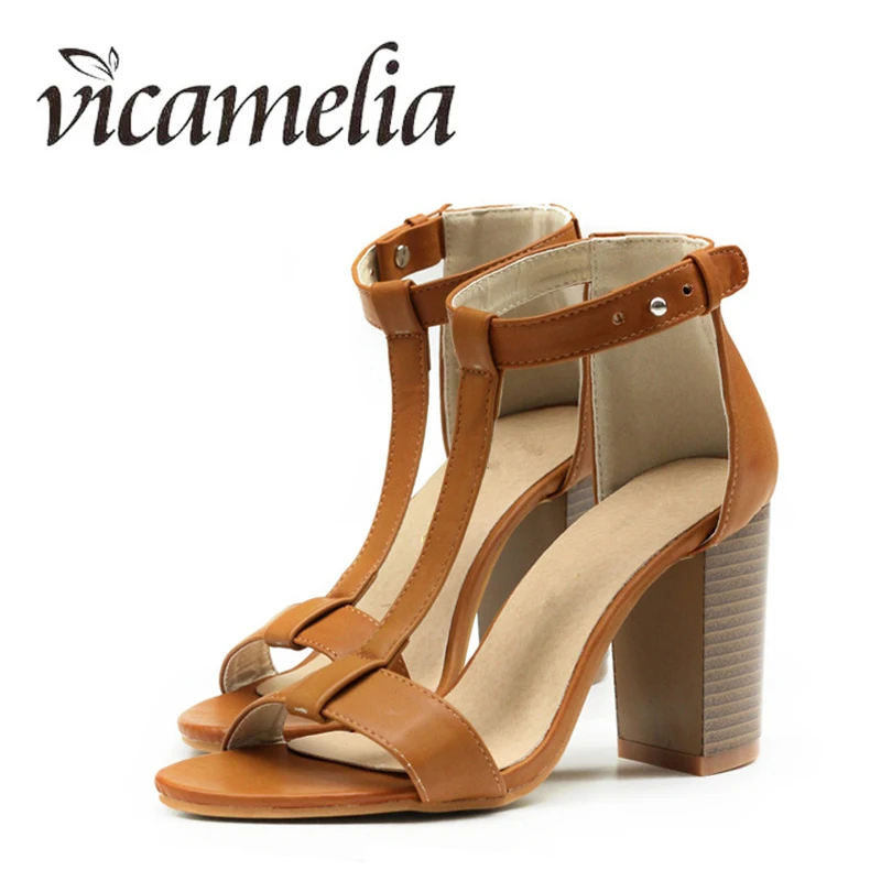 

Vicamelia Summer Korea Style Fish Mouth Women Chunky Heel Sandals Unique Belt Buckle T-strap Solid Casual Ladies Sandals 097
