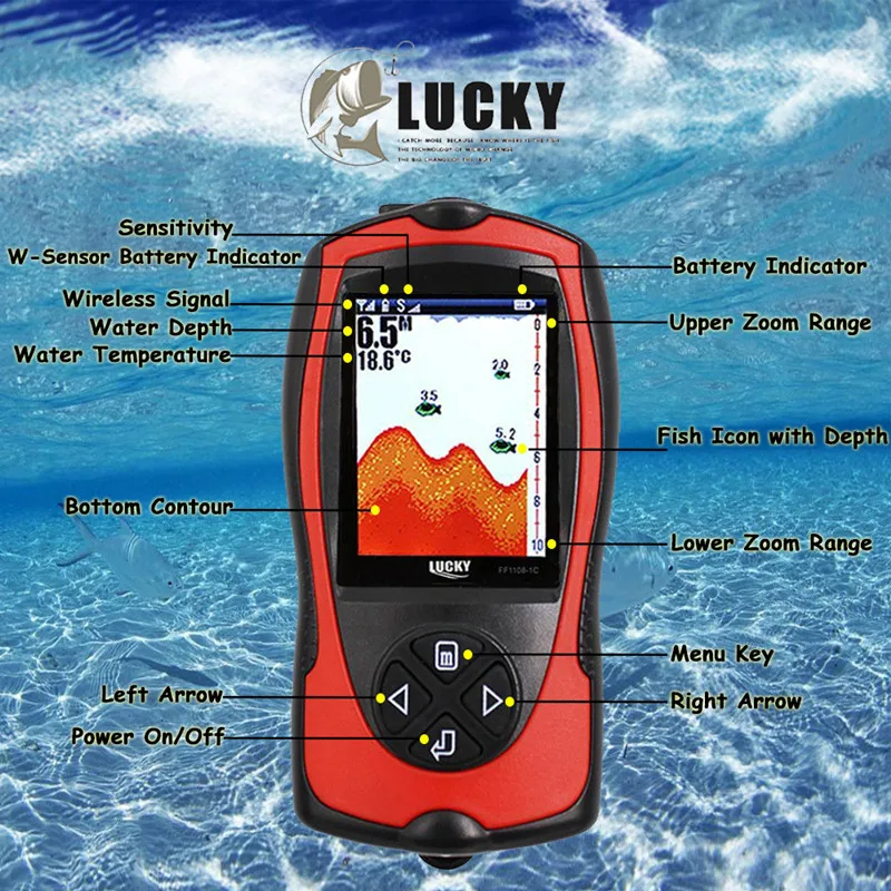 صدى ساوندرز صياد السمك FF1108-1CWLA قابلة للشحن لاسلكية Fishfinder سونار الروسية اللغة الاستشعار شاشة إل سي دي مضادة للمياه ل الصيد