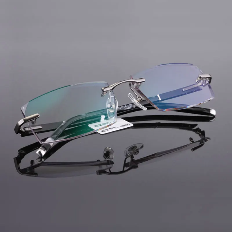 US $26.99 Reven Jate 58003 Pure Titanium Rimless Diamond Cutting Man Glasses Frame Optical Prescription Eyeglasses Men Eyewear Fashion