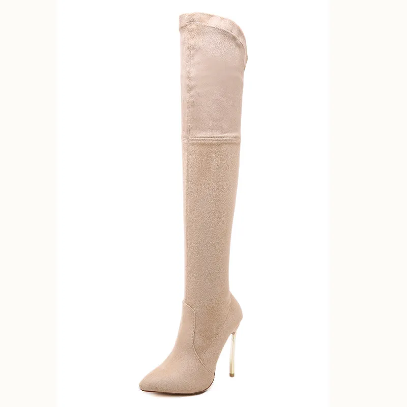 

Women's High Quality Suede Fashion Elasticity Stylish Pull On Over Knee High Sexy Boots Electroplating shoe heel Big Size 35-43