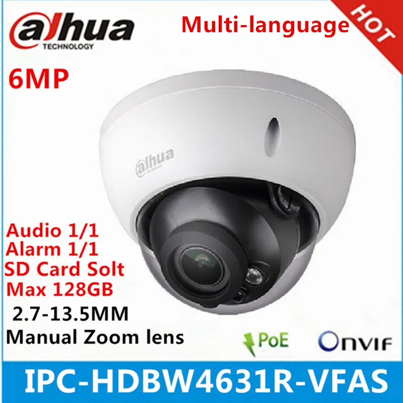

Dahua IPC-HDBW4631R-VFAS 6Mp IP camera 2.7-13.5mm Manual zoom lens with SD card slot Audio interface IR50M poe camera