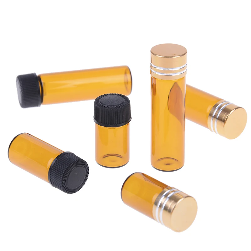 1Pcs Mini Amber Glass Essential Oil Reagents Refillable Sample Bottle Brown Glass Vials With Black/Gold Cover Cap 2ml/3ml/5ml
