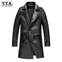 Новое качество мужские двухслойные ветровки из натуральной кожи для мужчин с поясом длинные пальто парки верхняя одежда черный