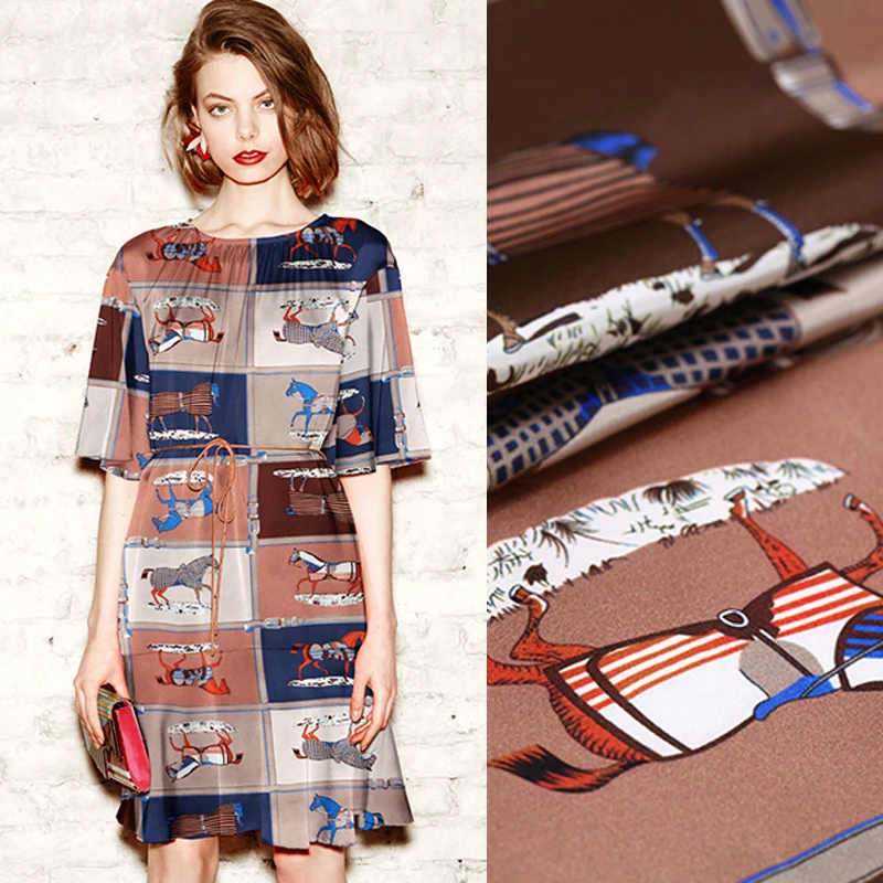

108CM Wide 19MM Horse Painting Print Brown Strech Silk Satin Fabric for Elegant Women's Blouse Dress Clothing Cheongsam DE433