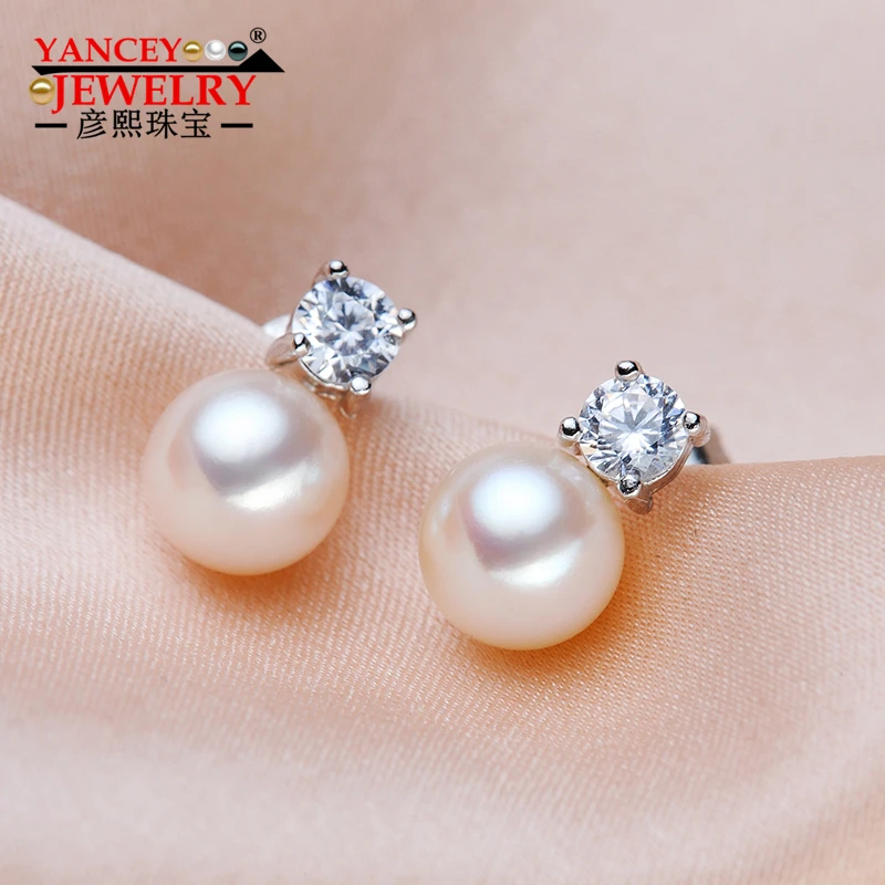 

YANCEY Exclusive design: Rounded full, shiny luster, the best quality 7-8MM freshwater pearl fine jewelry earrings S925 silver