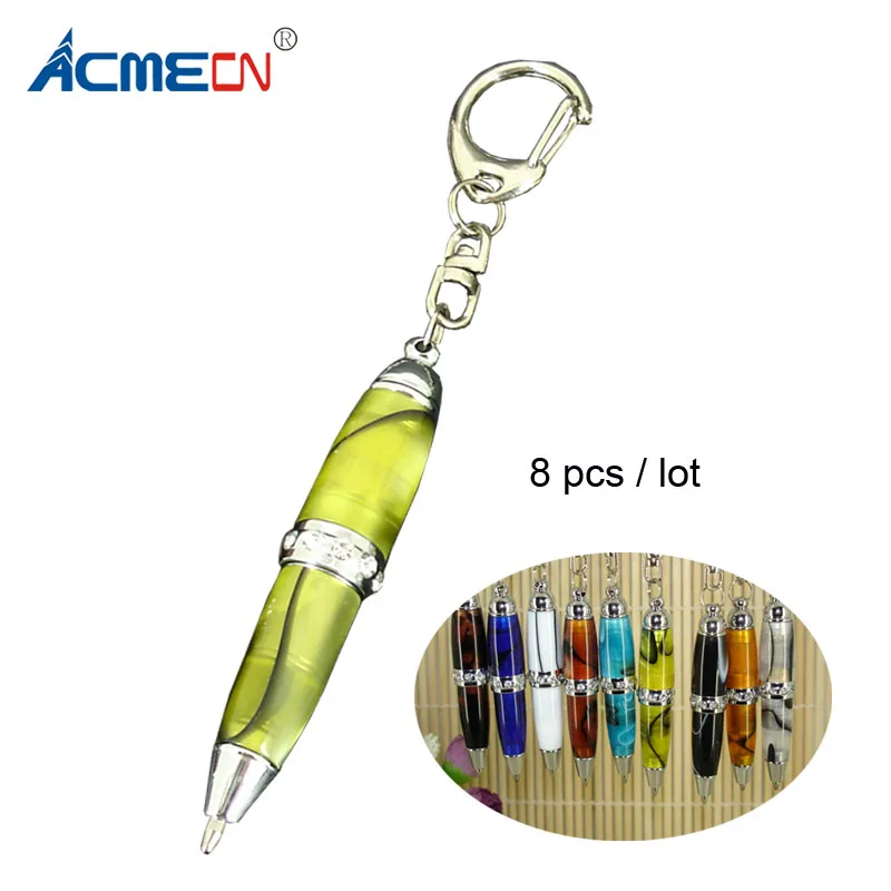 

New Arrival 8pcs/lot Cute Diamond Ball Pen 65mm Length Mini Keyring Ballpoint Pen Colorful Acrylic Rhinestone Chain Accessories