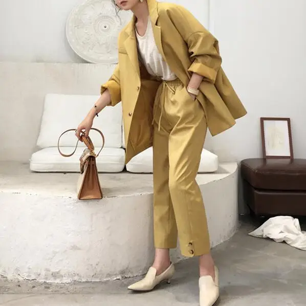 

Suit female 2019 autumn new temperament loose long suit jacket + trousers solid color versatile elegant two-piece DC307