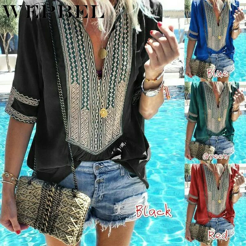 

WEPBEL S-5XL Plus Large Size Women's Fashion Deep V-Neck 3/4 Sleeve Blouse