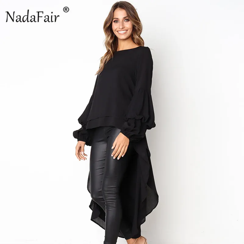 Nadafair размера плюс Туника женская блузка с длинным рукавом оборками капля подол шифон Повседневная Длинная рубашка женские топы