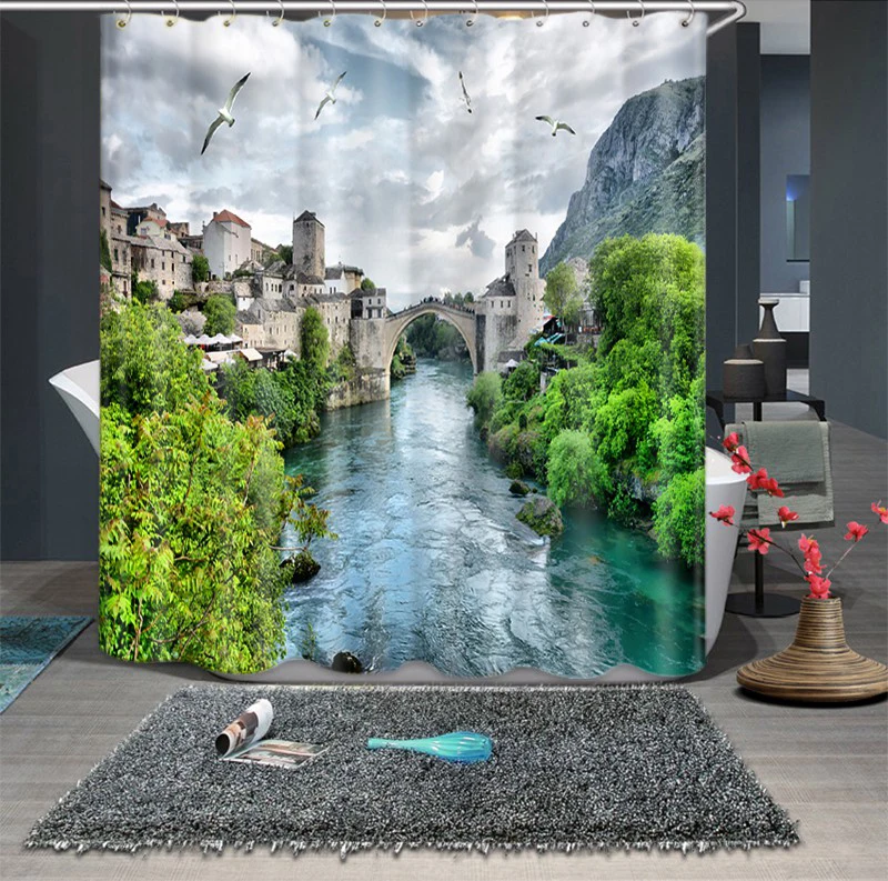 

Castle pattern 3D waterproof shower curtain by the sea