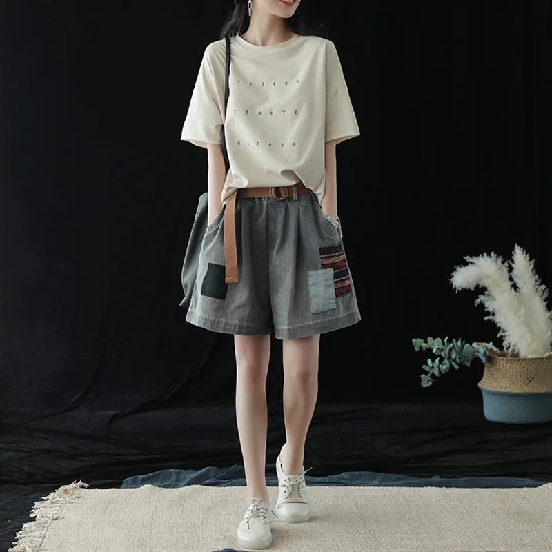 

Johnature Women Patchwork Shorts Vintage Elastic Waist Pockets 2019 Summer New Women Casual Loose Denim Shorts