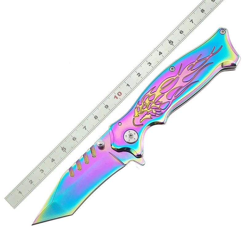 

5cr15 stainless steel Rainbow Titanium tactical folding knife good for outdoor hunting sharp blade muti function knife tool