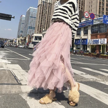 

2019 Fairy mesh long skirt woman fashion Grey pink elastic waist tiered irregular skirts women elegant tulle pleated party