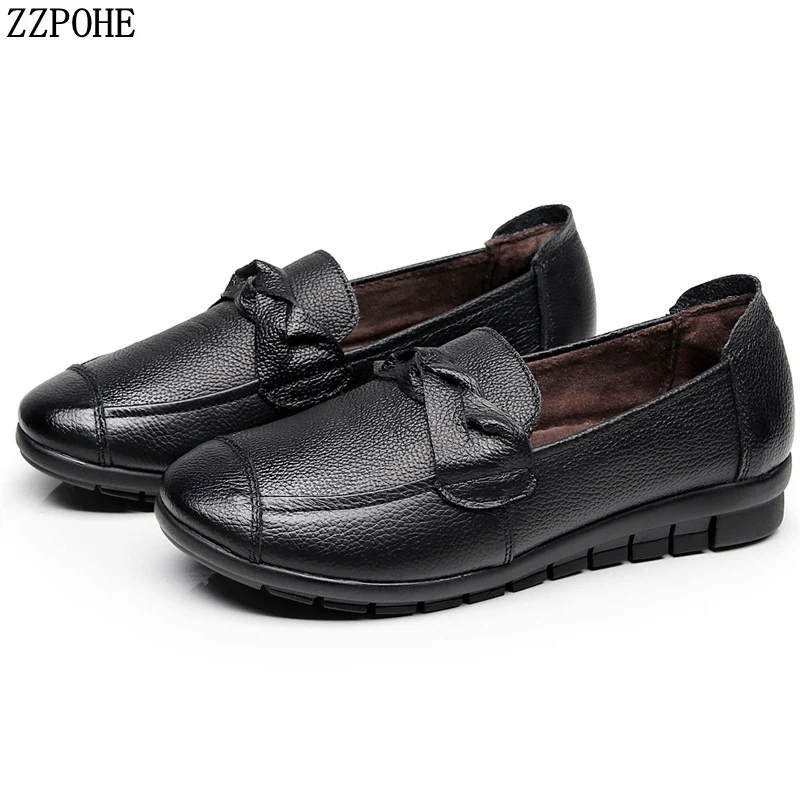

ZZPOHE Spring Autumn Women Genuine Leather Flat Shoes Fashion Comfortable soft Non-slip Women Shoes Plus Size mother shoes 35-43