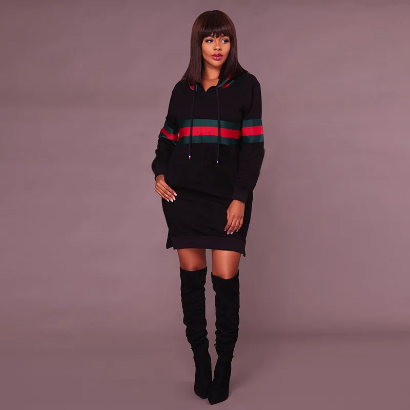 2017 Autumn Winter Casual Sweatshirt Dress Women Long Sleeve Black Striped Mini Hoodies Dresses Female Pullover Christmas Vestidos Hooded04