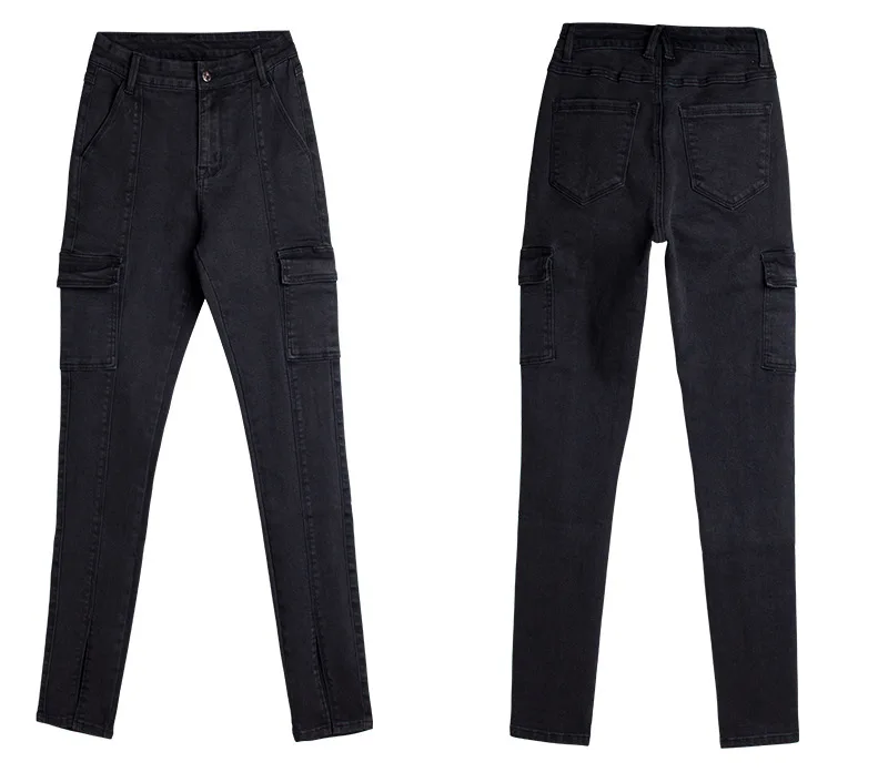 Черные женские джинсы карго с высокой талией, повседневные обтягивающие ...