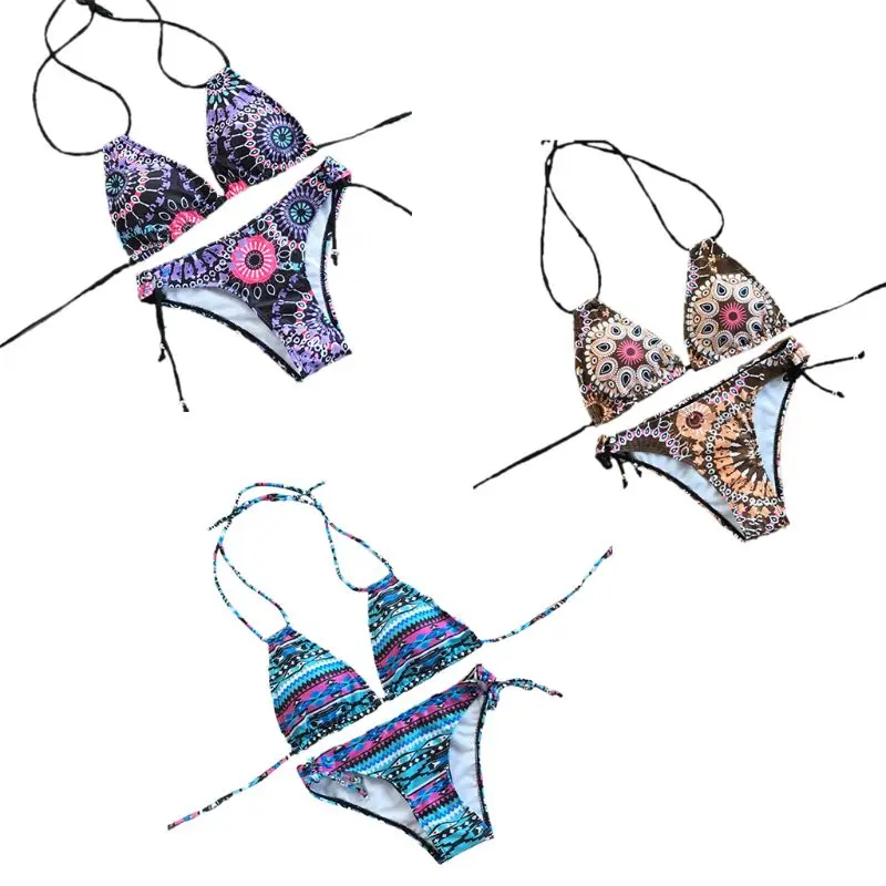 

Womens Bikini Set Double Straps Halter V-Neck Triangle Bra Beaded Side Tie Thong Bohemian Geometric Floral Printing Swimsuit