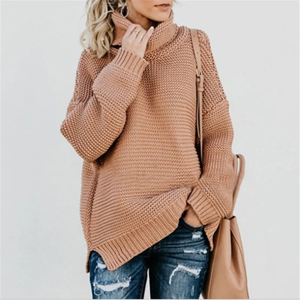Winter Women's Sweater Fashion Casual Solid Color Turtleneck Warm Retro Loose Long-sleeved Knit Pullover Oversized Sweaters 2019