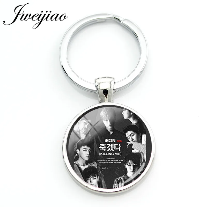 

JWEIJIAO Fashion IKON Round Keychain Glass Gems Photo Keychain Silver Color Metal Key Pendant Custom Fans Gift IK18
