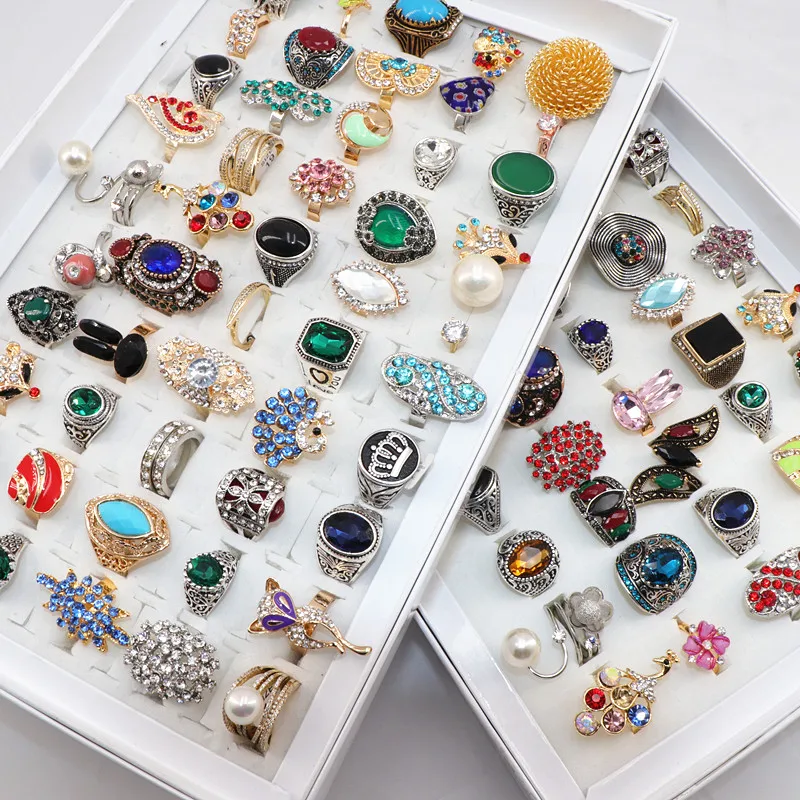 

Fashion 50pcs/Lots Retro Women's Metal Rhinestone Stone Mix Style Wedding Party Gifts Jewelry Rings With Display Box