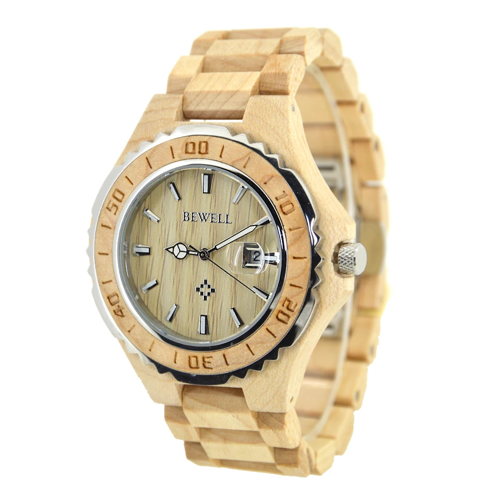 BEWELL Wood Watch Quartz Men Top Brand Luxury Stainless Steel Bezel With Wood Case Wristwatch Waterproof 5