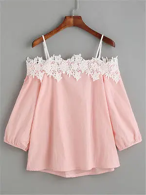 

Fashion Women Ladies Summer Lace Off-shoulder Blouses 2017 Women Pink Blue Long Sleeve Clothing Tops Casual Blouses Crop Tops