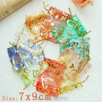 

400pcs Random Multi-Color Bronzing Pattern Drawable Organza Wedding Gift Bags&Pouches,Jewelry Packaging 7x9cm