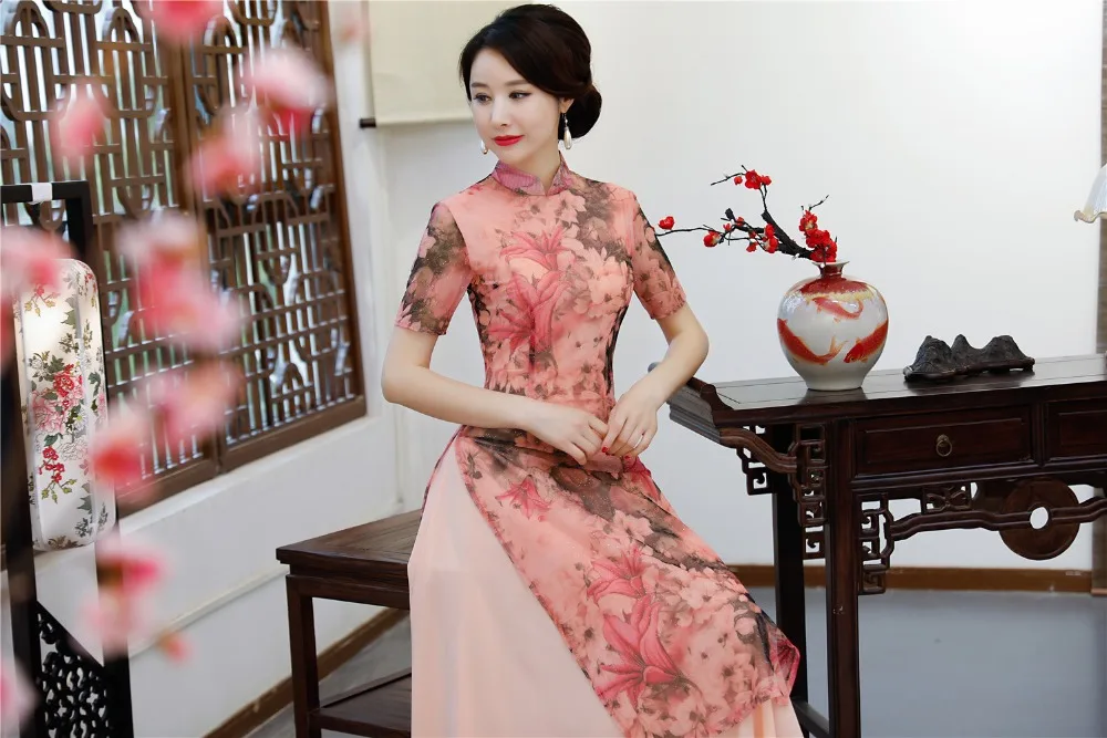 

Shanghai Story 2019 Spring Aodai Vietnam Cheongsam Dress For Women Traditional Clothing ao dai With Lining Long qipao Pink