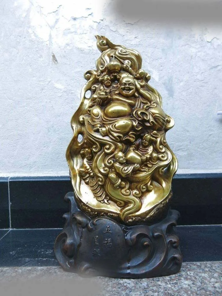 

16" China bronze gild carved Buddhism five boy and happy buddha Sculpture statue