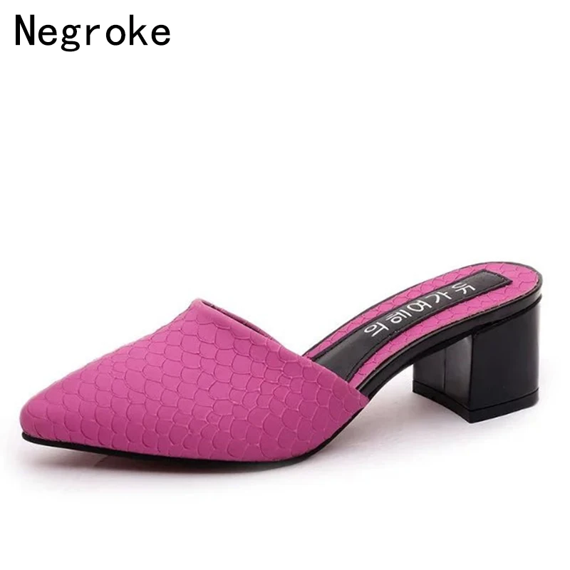 

2018 Chic Women High Heels Mules Pointed Toe Block Heel Platform Mules Ladies Soft Leather Shoes Woman Sandals Slip-On Slippers